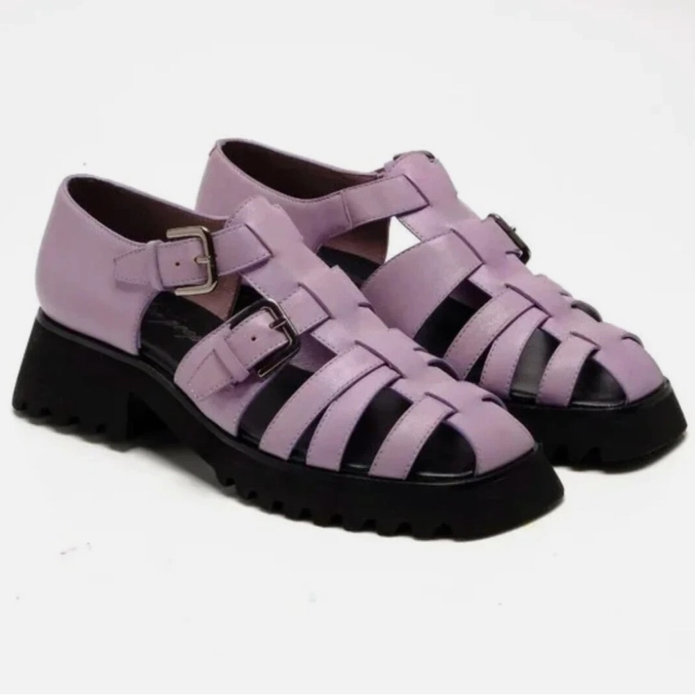 Free People Janis Fisherman Lilac Lavender Chunky Black Heel Sandals Size 8 - Picture 3 of 16
